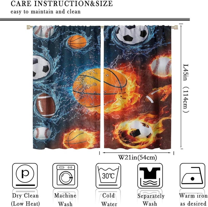 YCness Boys Sports Kids Curtains for Bedroom, Fire Basketball Football Soccer 3D Ball Window Treatments for Living Room,Teen Boys Girls Room Decor Drapes 2 Panel Sets,42x45 Inch - Image 2